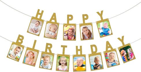 Gold Birthday Photo Banner - Happy Birthday Monogram Banner - Personalized Happy Birthday Sign with Illustration for Kids and Adults Birthday Parties, Commemorating Annual Milestone Wreath in Saudi Arabia