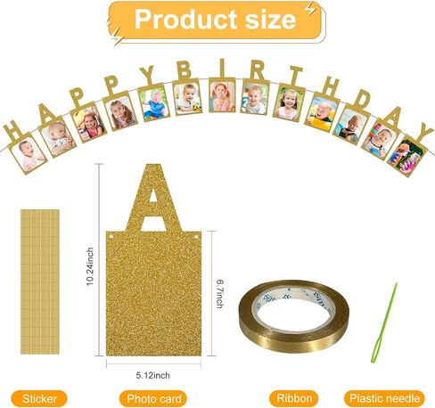 Gold Birthday Photo Banner - Happy Birthday Monogram Banner - Personalized Happy Birthday Sign with Illustration for Kids and Adults Birthday Parties, Commemorating Annual Milestone Wreath in Saudi Arabia