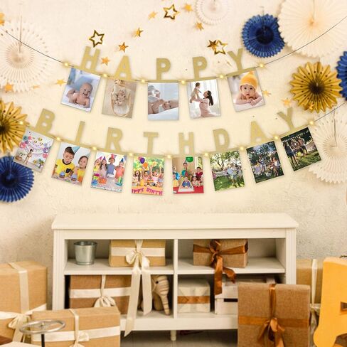 Gold Birthday Photo Banner - Happy Birthday Monogram Banner - Personalized Happy Birthday Sign with Illustration for Kids and Adults Birthday Parties, Commemorating Annual Milestone Wreath in Saudi Arabia