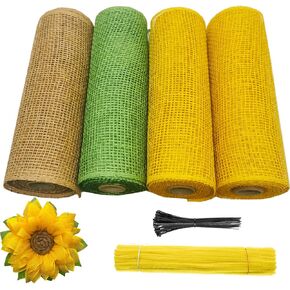 Tyoungg 3 Rolls Poly Burlap Deco Mesh for DIY Autumn Harvest Yellow Sunflower Wreath Sunflower Flower Center Included 10 Inches x 5 Yards (Yellow)