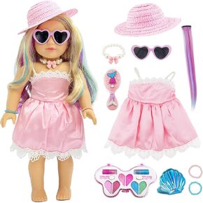 18 Inch Doll Clothes and Accessories 10 PCS Pretend Makeup Playest Priness Costume Beauty Set for Girls Including Dress,Wig,Comb,Shell Mirror,Glasses,Hat,Hair Band,Makeup Set(No Doll)