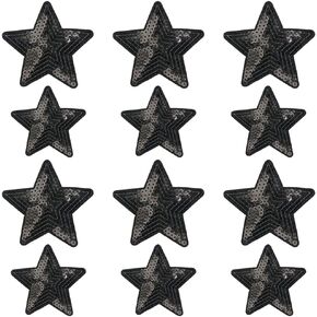 Weenkeey 12 Pcs Star Sequin Patches Five Pointed Star Sew On Appliques Bling Star Shape Embroidered Patches for Dress Jeans Jackets Hats Bags Shoes - 2 Sizes Black
