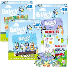 Bluey Premier 48 Pc Puzzle Set for Kids - Bluey Party Supplies Bundle with 3 Bluey Puzzles, Barn Bots Stickers, and More (Bluey Games and Activities for Kids)