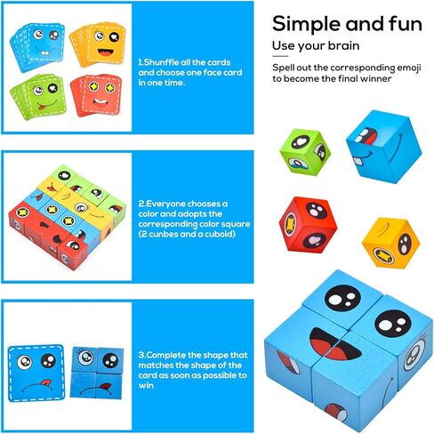 مكعبات بناء خشبية متطابقة للتعبير، مكعبات بناء مكعب لتغيير الوجه مع 72 بطاقة وجرس، لعبة احجية للوالدين والطفل للاطفال بعمر 3 سنوات فما فوق in Kuwait