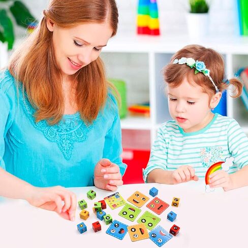 مكعبات بناء خشبية متطابقة للتعبير، مكعبات بناء مكعب لتغيير الوجه مع 72 بطاقة وجرس، لعبة احجية للوالدين والطفل للاطفال بعمر 3 سنوات فما فوق in Kuwait