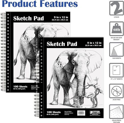 9" x 12" Sketch Paper Pad, 100 Sheets, 68 lb/100gsm Premium Paper, by Better Office Products, Spiral Bound Artist Sketch Book, Acid Free, Cold Press, Natural White in Saudi Arabia