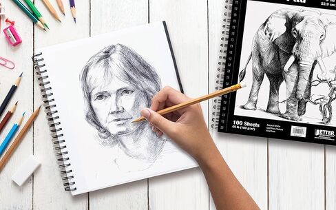 9" x 12" Sketch Paper Pad, 100 Sheets, 68 lb/100gsm Premium Paper, by Better Office Products, Spiral Bound Artist Sketch Book, Acid Free, Cold Press, Natural White in Saudi Arabia