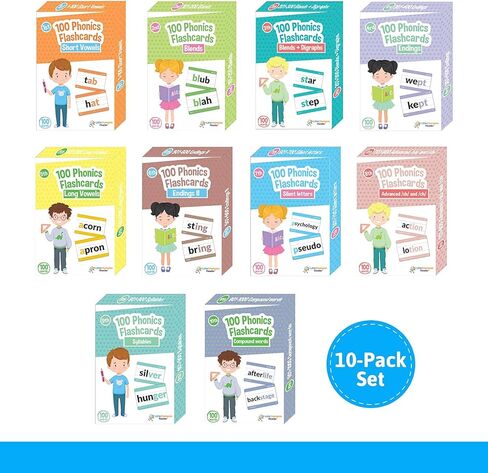1000 بطاقة فلاش فونيكس من 10 قطع - سي في سي قصير، حروف علة طويلة، مزيج، ديجراف، نهاية الكلمات، حروف صامتة، مركب، بطاقات تعليمية صوتية - لمرحلة ما قبل المدرسة، مرحلة ما قبل المدرسة، مرحلة ما قبل in Kuwait