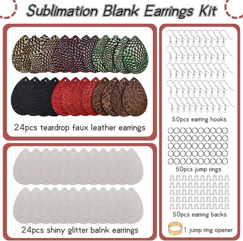 SHUANGART 194 Pcs Sublimation Blank Superfine Glitter Faux Leather Earrings Kit, Teardrop Embossed Leather Earrings with Sublimation Paper for Christmas Halloween DIY Jewelry Making in Kuwait