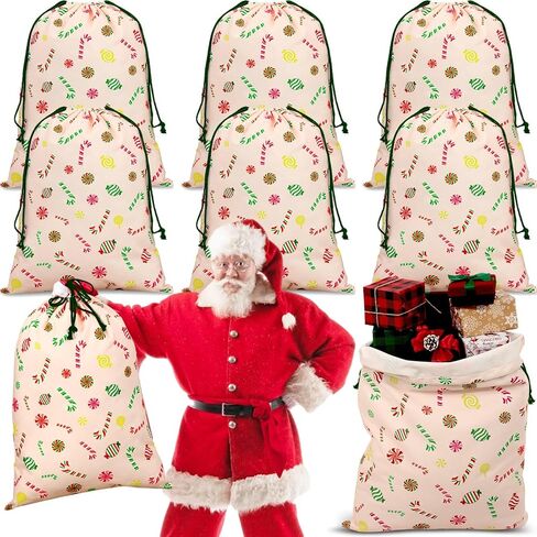 Aliceset 6 قطع من أكياس هدايا عيد الميلاد الكبيرة مقاس 26 × 19 قطعة من حلوى النعناع السائبة، مصاصة مستديرة كبيرة لعيد الميلاد سانتا حقائب هدايا كبيرة من القماش مع رباط لحفلات عيد الميلاد وحفلات الحلوى وعروض العرض in Kuwait