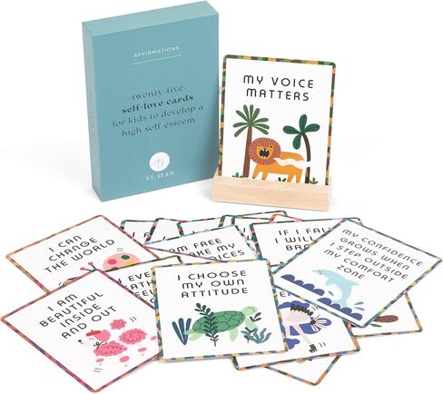 Affirmation Cards for Kids, 25 Motivational Self Care Statements with Cute Animal Illustrations, Drawer Storage Box and Wooden Display Stand, Positivity Gifts for Children & Toddlers in Saudi Arabia