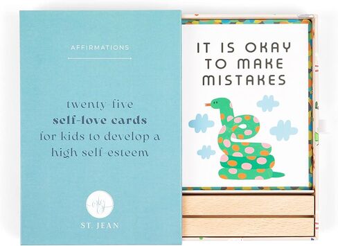 Affirmation Cards for Kids, 25 Motivational Self Care Statements with Cute Animal Illustrations, Drawer Storage Box and Wooden Display Stand, Positivity Gifts for Children & Toddlers in Saudi Arabia