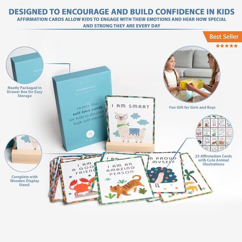 Affirmation Cards for Kids, 25 Motivational Self Care Statements with Cute Animal Illustrations, Drawer Storage Box and Wooden Display Stand, Positivity Gifts for Children & Toddlers in Saudi Arabia