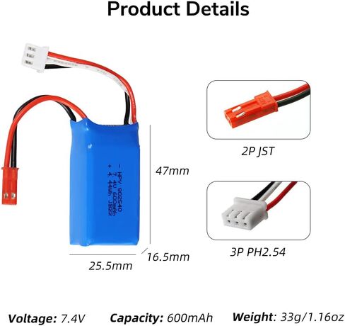 HPY 7.4V 2S LiPo Battery 20C 600mAh JST 2Pin Connector Recharge Lithium Polymer for RC A560 Airplane/RC4GS V3/RC6GS V3/AT10II/AT9S Pro/T8FB RC Radio Controller in Saudi Arabia