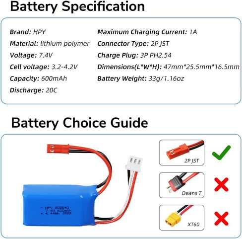 HPY 7.4V 2S LiPo Battery 20C 600mAh JST 2Pin Connector Recharge Lithium Polymer for RC A560 Airplane/RC4GS V3/RC6GS V3/AT10II/AT9S Pro/T8FB RC Radio Controller in Saudi Arabia