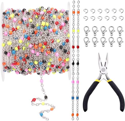Mardatt 16.4Feet/5M Black Beaded Jewelry Chain with Lobster Clasps, Jump Rings and Jewelry Pliers, Stainless Steel Soldered Beaded Chains Rosary Link Chains for Bracelet Necklace Making in Kuwait