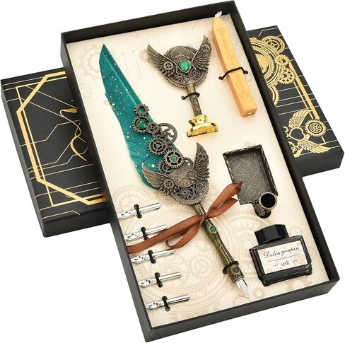 أقلام الخط من هيثرون للكتابة - مجموعة أقلام الريشة والحبر مع حبر أسود 5 مجموعة هدايا ختم الشمع قابلة للاستبدال (أخضر، 11 قطعة) in Kuwait