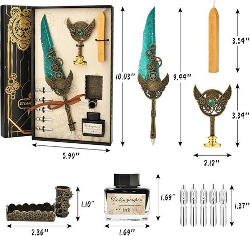 أقلام الخط من هيثرون للكتابة - مجموعة أقلام الريشة والحبر مع حبر أسود 5 مجموعة هدايا ختم الشمع قابلة للاستبدال (أخضر، 11 قطعة) in Kuwait