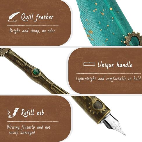 أقلام الخط من هيثرون للكتابة - مجموعة أقلام الريشة والحبر مع حبر أسود 5 مجموعة هدايا ختم الشمع قابلة للاستبدال (أخضر، 11 قطعة) in Kuwait