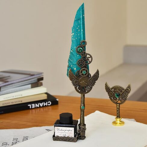 أقلام الخط من هيثرون للكتابة - مجموعة أقلام الريشة والحبر مع حبر أسود 5 مجموعة هدايا ختم الشمع قابلة للاستبدال (أخضر، 11 قطعة) in Kuwait