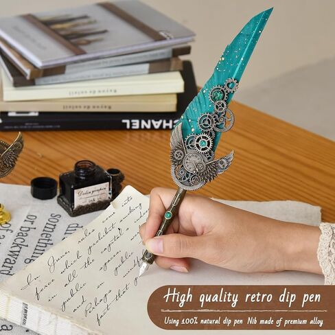 أقلام الخط من هيثرون للكتابة - مجموعة أقلام الريشة والحبر مع حبر أسود 5 مجموعة هدايا ختم الشمع قابلة للاستبدال (أخضر، 11 قطعة) in Kuwait