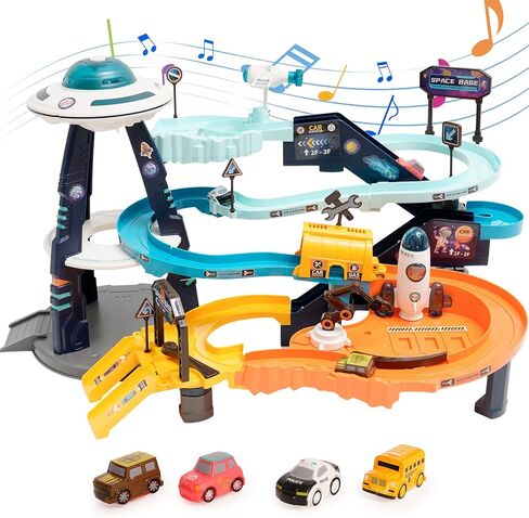 مسارات السباق للأطفال الصغار 3 4 5 6 7، لعبة مسار السباق للأولاد مغامرة السيارة، ألعاب تسلق عربة السكك الحديدية مع 4 سيارات سباق صغيرة موضوع الفضاء هدايا ما قبل المدرسة للبنين والبنات in Kuwait