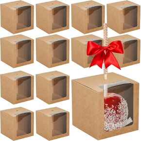 Juexica 100 Pcs Candy Apple Boxes with Hole 4x4x4 Inch Caramel Apple Boxes Apple Container Clear Candy Apple Boxes Gift Boxes for Apple Harvest Party Wedding(Brown)