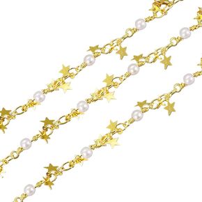 LiQunSweet 1m(3.28 Ft) Handmade Brass Beaded Star Linking Chains with Brass Charms Glass Faux Pearl and Spool for Sunglass Strap Rope Bag Decor Jewelry Making Crafts DIY Supplies - 10.5x3.2mm