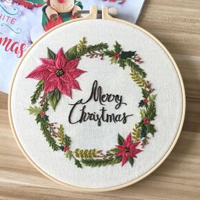 Stamped Embroidery Starters Kits with Pattern Merry Christmas Red Flower for Beginners with Hoops Cloth Color Threads Cross Stitch Kits Needlework Art for Adults Students Home Decoration in Saudi Arabia