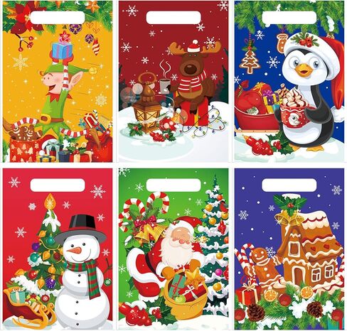 Hotop 150 Pieces Christmas Bags Snacks Xmas Plastic Party Favor with Handles Gift Wrap Goodie for Holiday Goody Decoration Supplies, 6 Styles in Saudi Arabia