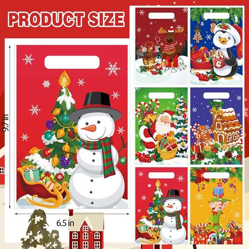 Hotop 150 Pieces Christmas Bags Snacks Xmas Plastic Party Favor with Handles Gift Wrap Goodie for Holiday Goody Decoration Supplies, 6 Styles in Saudi Arabia