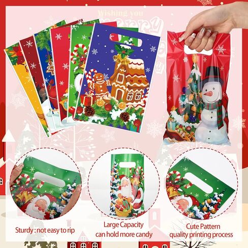 Hotop 150 Pieces Christmas Bags Snacks Xmas Plastic Party Favor with Handles Gift Wrap Goodie for Holiday Goody Decoration Supplies, 6 Styles in Saudi Arabia