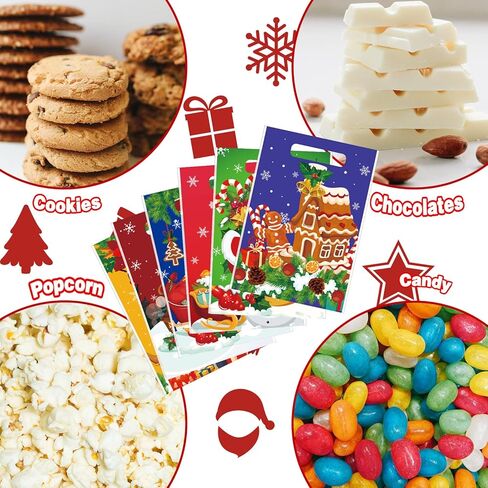 Hotop 150 Pieces Christmas Bags Snacks Xmas Plastic Party Favor with Handles Gift Wrap Goodie for Holiday Goody Decoration Supplies, 6 Styles in Saudi Arabia