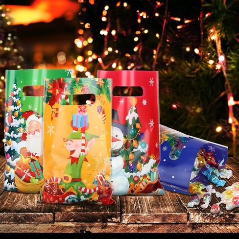 Hotop 150 Pieces Christmas Bags Snacks Xmas Plastic Party Favor with Handles Gift Wrap Goodie for Holiday Goody Decoration Supplies, 6 Styles in Saudi Arabia