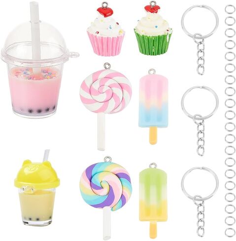 SUNNYCLUE DIY 36PCS الحليب الشاي مفتاح سلسلة صنع عدة قوس قزح مصاصة الراتنج المعلقات مع حلقات المفاتيح سبليت وخواتم تقسيم لحلق سوار قلادة مفتاح سلسلة مجوهرات الحرف صنع in Kuwait