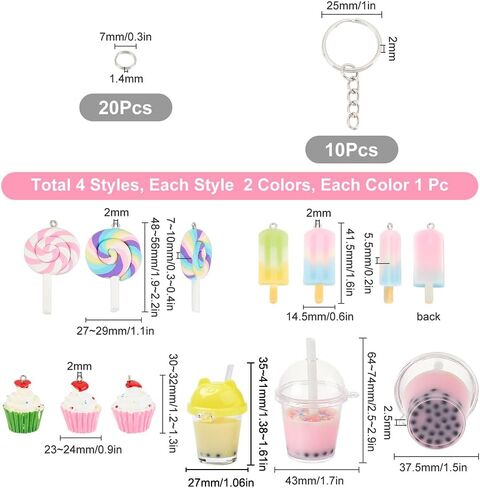 SUNNYCLUE DIY 36PCS الحليب الشاي مفتاح سلسلة صنع عدة قوس قزح مصاصة الراتنج المعلقات مع حلقات المفاتيح سبليت وخواتم تقسيم لحلق سوار قلادة مفتاح سلسلة مجوهرات الحرف صنع in Kuwait