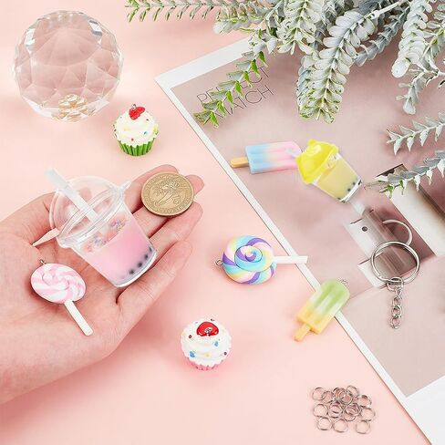 SUNNYCLUE DIY 36PCS الحليب الشاي مفتاح سلسلة صنع عدة قوس قزح مصاصة الراتنج المعلقات مع حلقات المفاتيح سبليت وخواتم تقسيم لحلق سوار قلادة مفتاح سلسلة مجوهرات الحرف صنع in Kuwait