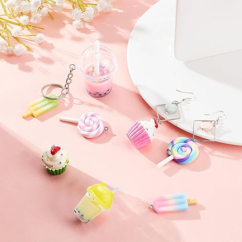 SUNNYCLUE DIY 36PCS الحليب الشاي مفتاح سلسلة صنع عدة قوس قزح مصاصة الراتنج المعلقات مع حلقات المفاتيح سبليت وخواتم تقسيم لحلق سوار قلادة مفتاح سلسلة مجوهرات الحرف صنع in Kuwait