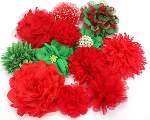 YYCRAFT 15pcs Chiffon Mesh Fabric Flowers Chiffon Flowers for Headbands,Christmas Decorations,3.5"-4.5" - Red/Green in Saudi Arabia