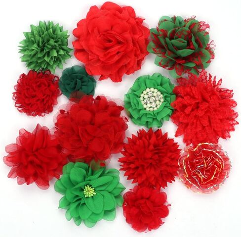 YYCRAFT 15pcs Chiffon Mesh Fabric Flowers Chiffon Flowers for Headbands,Christmas Decorations,3.5"-4.5" - Red/Green in Saudi Arabia