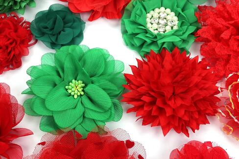 YYCRAFT 15pcs Chiffon Mesh Fabric Flowers Chiffon Flowers for Headbands,Christmas Decorations,3.5"-4.5" - Red/Green in Saudi Arabia