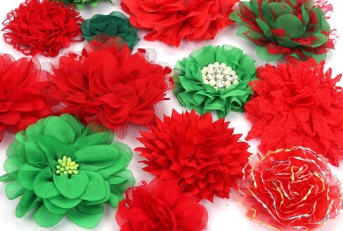 YYCRAFT 15pcs Chiffon Mesh Fabric Flowers Chiffon Flowers for Headbands,Christmas Decorations,3.5"-4.5" - Red/Green in Saudi Arabia