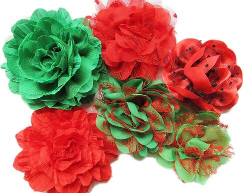 YYCRAFT 15pcs Chiffon Mesh Fabric Flowers Chiffon Flowers for Headbands,Christmas Decorations,3.5"-4.5" - Red/Green in Saudi Arabia