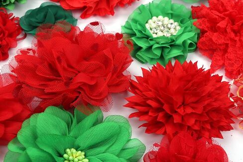 YYCRAFT 15pcs Chiffon Mesh Fabric Flowers Chiffon Flowers for Headbands,Christmas Decorations,3.5"-4.5" - Red/Green in Saudi Arabia