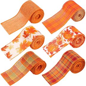 Whaline 6 Rolls Thanksgiving Fall Burlap Ribbon 30 Yard Orange Plaid Autumn Harvest Ribbon Pumpkin Fall Leaves Wired Edge Wrapping Ribbon Rustic Craft Ribbon for Wreath Floral Bows Craft Decor, 2.5In in Kuwait