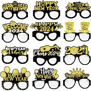 Runloon 12Pcs Happy New Year Eyeglasses Black Gold Happy New Year Party Glasses 2024 for New Year's Eve Party Decor