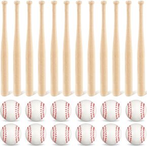 Libima 24 Pcs Mini Baseball Bats Mini Foam Sports Balls 8" Unfinished Wood Baseball Bats 2" Foam Baseballs Small Baseball Bats Baseball Party Favors for Sports DIY Craft (Wood Color,White)