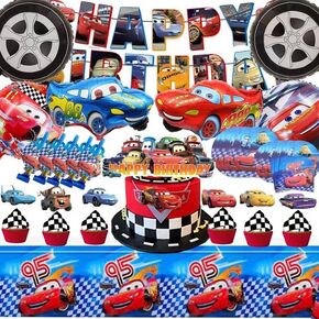 93 قطعة من زينة حفلات عيد الميلاد بطابع السيارة لـ 10 ضيوف للاطفال، مفرش طاولة لحفلات الاطفال، لافتة عيد ميلاد سعيد، زينة علوية للكعك، اعواد تزيين الكب كيك، بالونات من الفويل، اطباق 7 انش، اطباق 9 انش in Kuwait