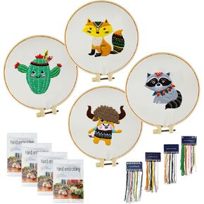 Locisne 4 Set Embroidery Stitching Kits, 6 Inch Animal Embroidery Pattern Beginner Embroidery Kit, Embroidery Materials All Contain, Craft Sewing Gifts for Children Aged 7-13 in Kuwait