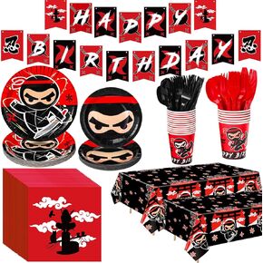 Gejoy 171 Pcs Ninja Birthday Party Ninja Supplies Tableware Kit Include Plates Cups Knives Forks Spoons Napkins Tablecloths and Banner for Boys Girls Birthday Party Decorations Serve 24 Guests (Boy)